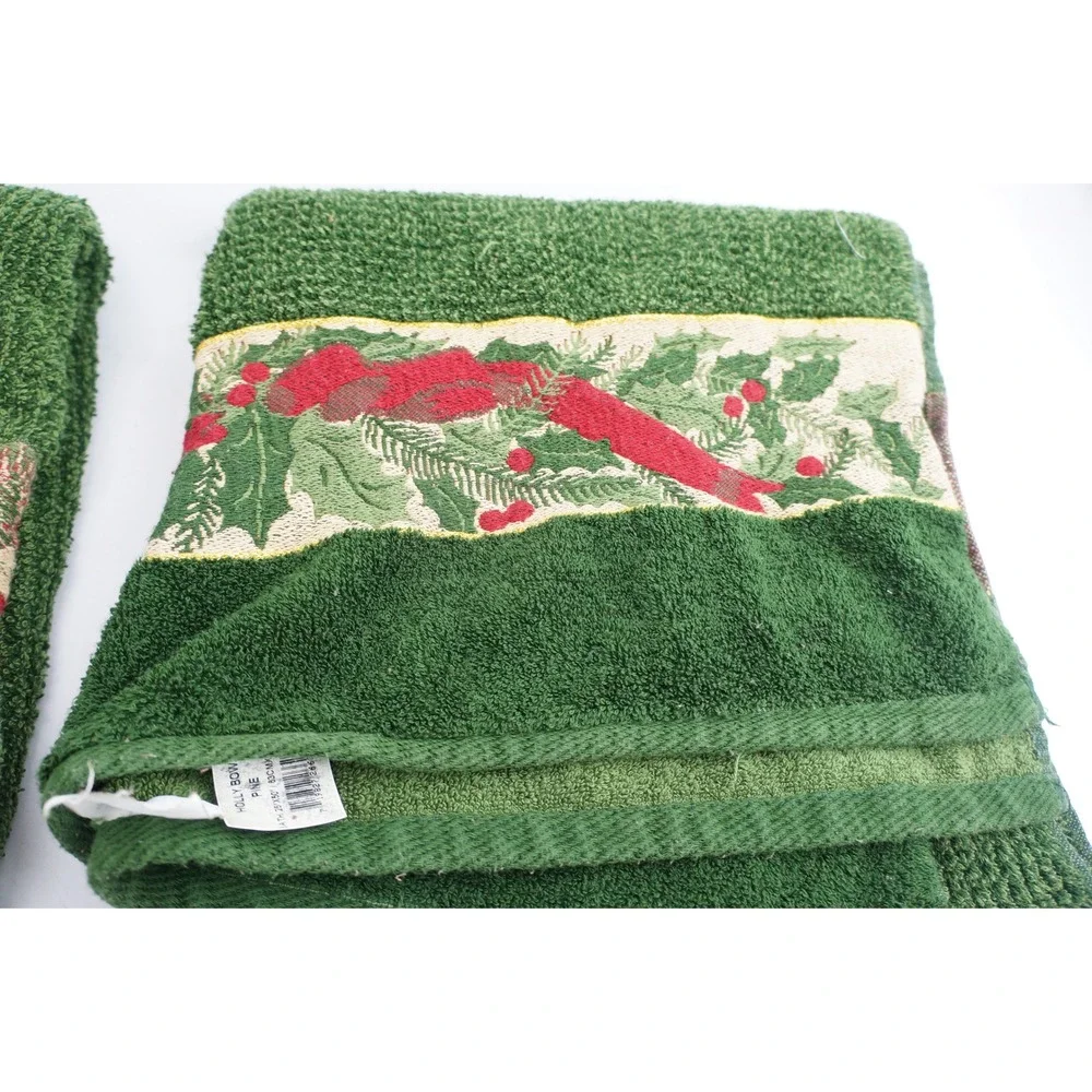 Santens Towel Set 4 Piece Green Holly Bow Pine Christmas‎ Holiday Cotton EUC